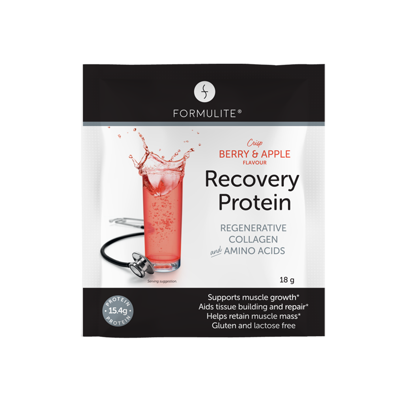 Formulite Recovery Protein packet, berry and apple flavor. Glass with red liquid and stethoscope shown.
