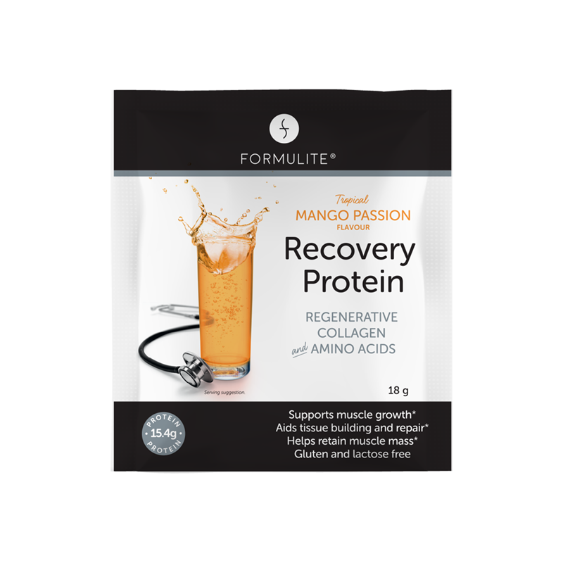 Formulite Recovery Protein packaging. Features a mango passion flavored drink and a stethoscope. Text highlights muscle growth and repair benefits.