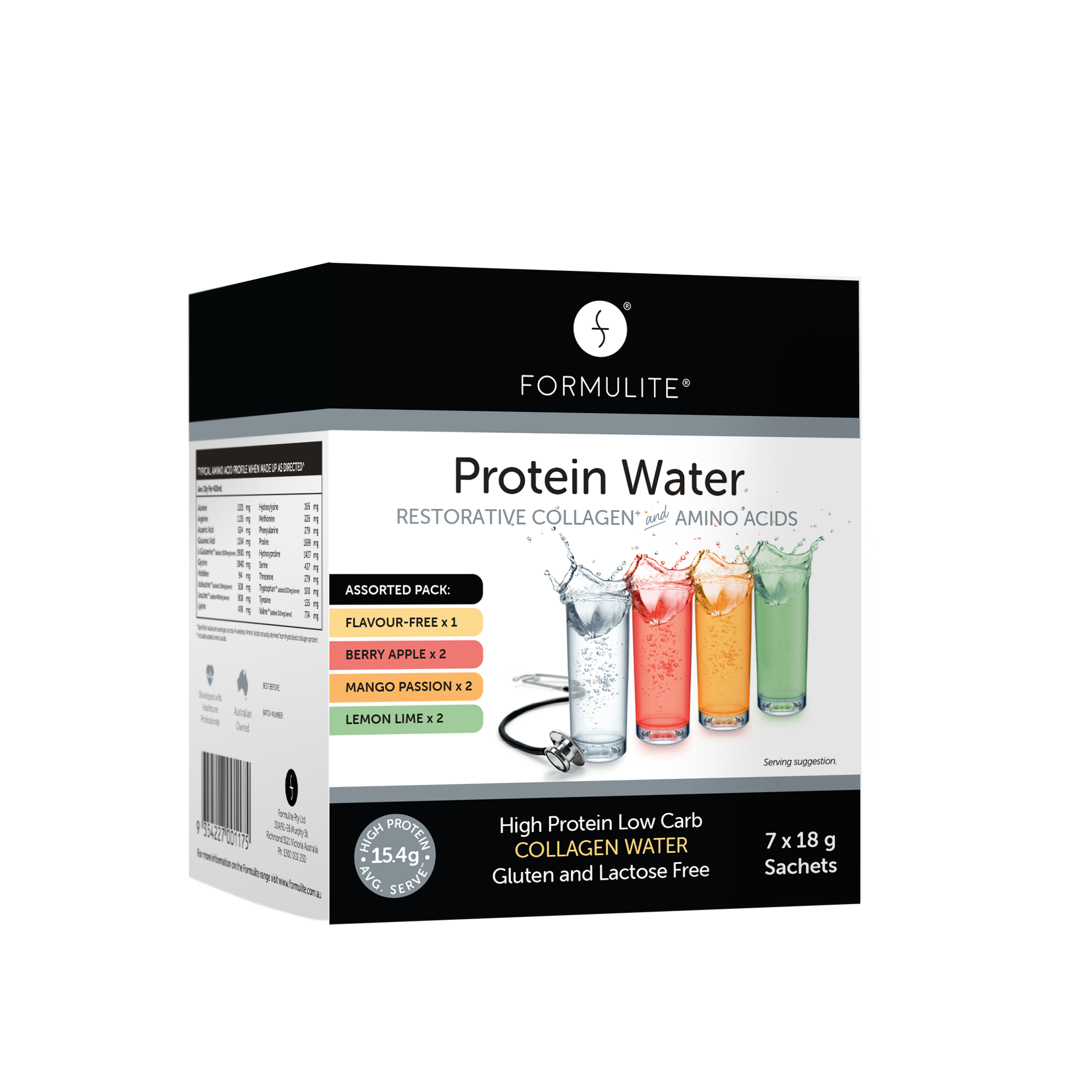 Box of Formulite Protein Water with flavor descriptions and glasses of flavored water. High protein, low carb, gluten-free, lactose-free.