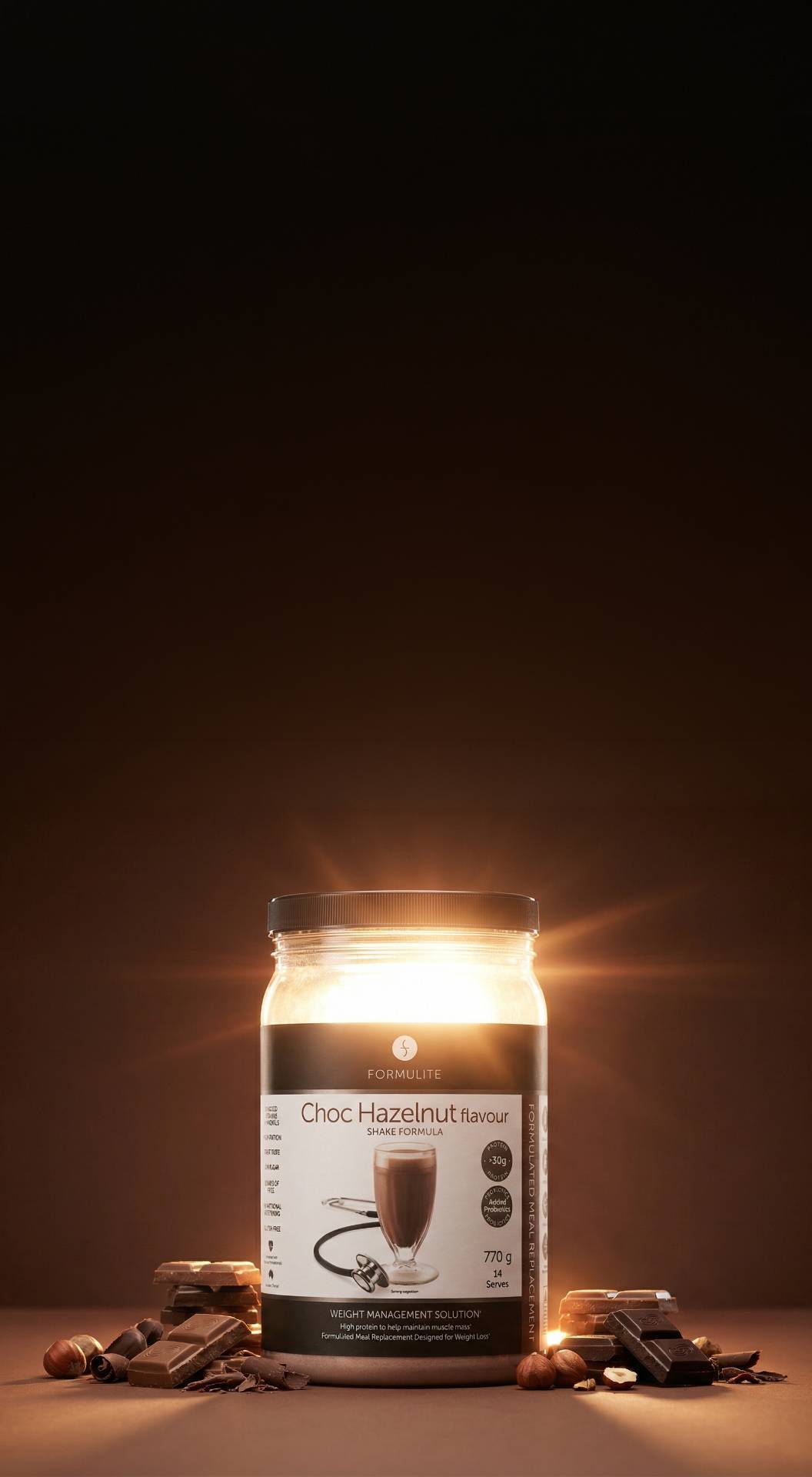 Formulite Choc Hazelnut shake mix jar with chocolate pieces and hazelnuts. Weight management solution.