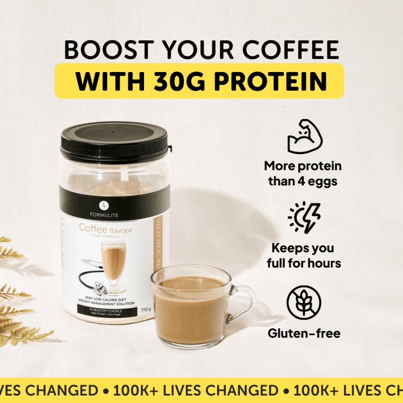 Coffee protein shake promotion: tub of "Formulite" coffee flavor powder next to a filled mug.