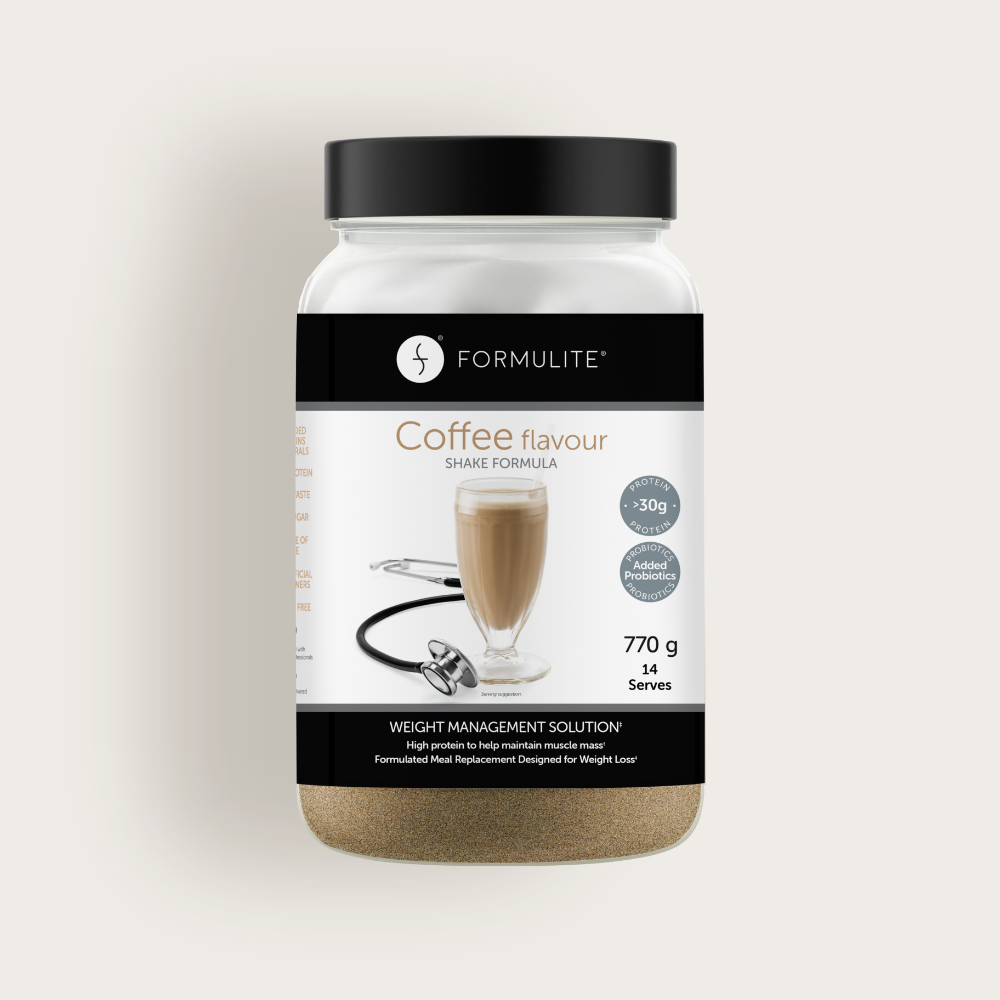 Formulite coffee flavour shake in jar with stethoscope. Label shows protein and probiotics.