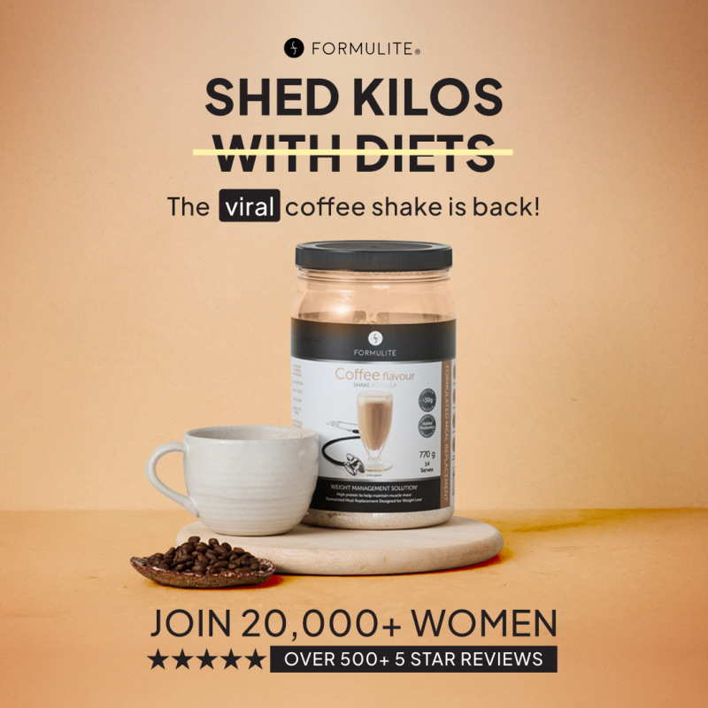 Formulite coffee shake jar with a cup, coffee beans, and text promoting weight loss and positive reviews.